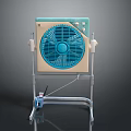Table Electric Fan With Blue Blades And Beige Body On Metal Stand With Control Device