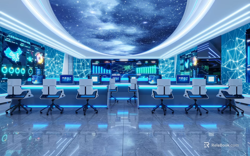 Modern Security Control Room With Multiple Monitoring Screens Consoles And Office Chairs 3d model 