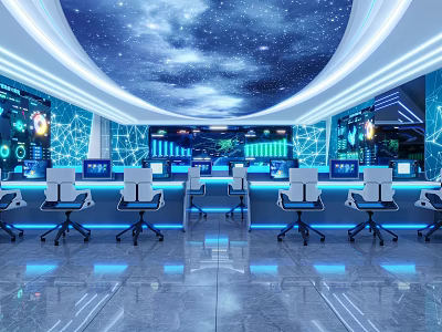 Modern Security Control Room With Multiple Monitoring Screens Consoles And Office Chairs 3d model