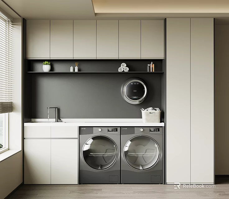 Modern Balcony Cabinet Interior Design With Countertop Sink And Double Washing Machine Dryer 3d model 