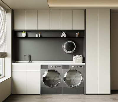 Modern Balcony Cabinet Interior Design With Countertop Sink And Double Washing Machine Dryer 3d model