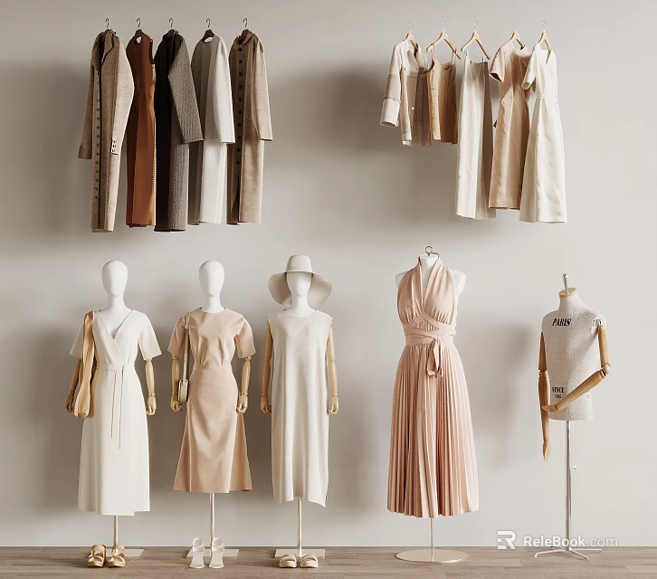 Neutral Toned Elegant Clothes Display With Mannequins And Hanging Outfits 3d model 