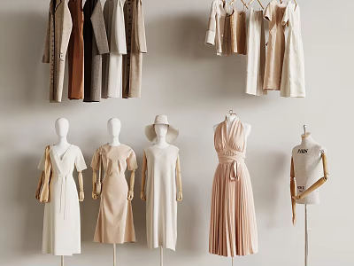 Neutral Toned Elegant Clothes Display With Mannequins And Hanging Outfits 3d model