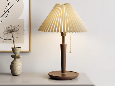 Pleated Lampshade Wooden Table Lamp With Round Base Vase And Artwork In Interior 3d model