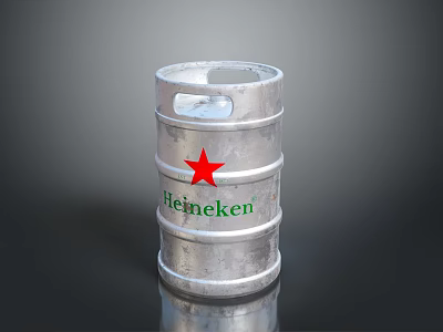 Silver Heineken Beer Keg With Red Star Logo On Reflective Surface 3d model
