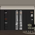 Elegant Modern Study Room Interior With Black Cabinets Glass Doors Bookshelves And Striped Chair