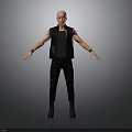 Bald Man In Black Vest With Studded Pants And Boots Arms Outstretched Gray Background