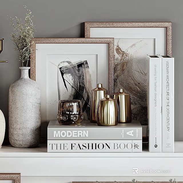 Modern Fashion Books Styled With Framed Artworks Gold Vases And Gray Ceramic Vase 3d model 