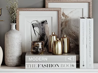 Modern Fashion Books Styled With Framed Artworks Gold Vases And Gray Ceramic Vase 3d model
