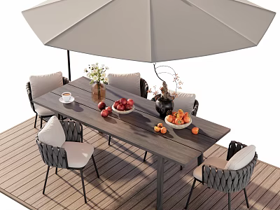 Stylish Outdoor Table With Umbrella Chairs Coffee Cup Fruits And Flower Vase On Patio 3d model
