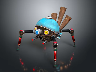 Spider Like Game Movie Character With Blue Spherical Body Yellow Eyes And Red Mechanical Legs 3d model