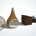 Wicker Hanging Chair Various Styles With Small Side Table And Decorative Elements 3d model