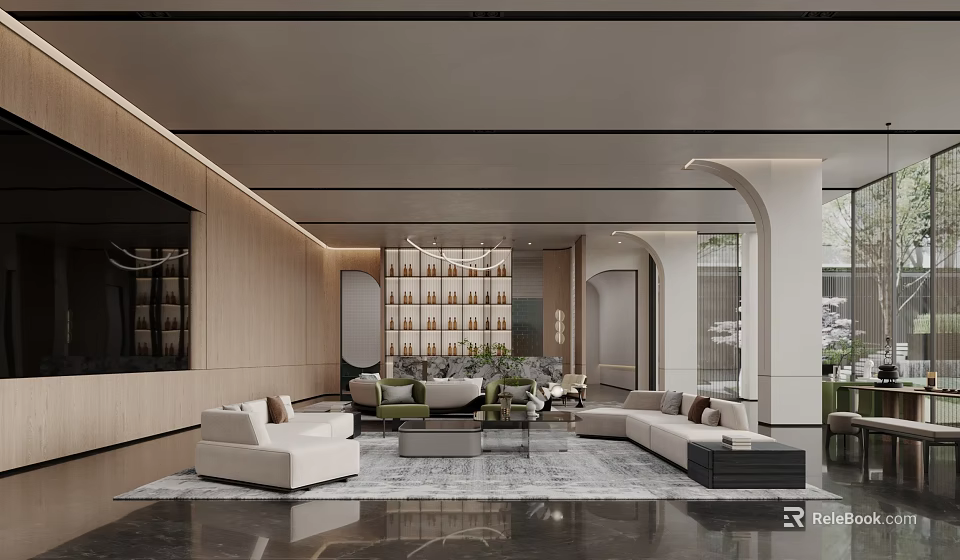 Modern Elegant Sales Office Interior With Sofas Chandelier Green Plants And Marble Walls 3d model 