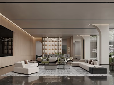 Modern Elegant Sales Office Interior With Sofas Chandelier Green Plants And Marble Walls 3d model