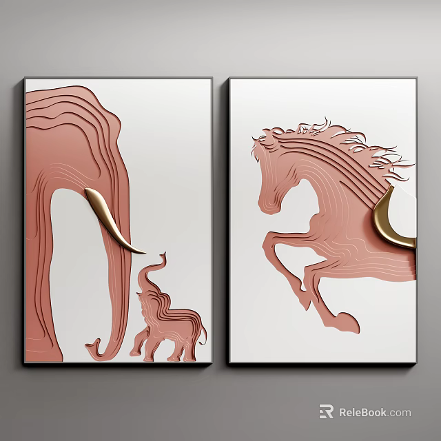 Minimalist Modern Decorative Paintings With Pink Elephant Baby And Horse Gold Accents 3d model 