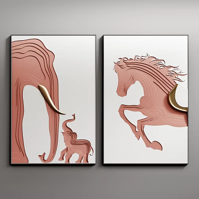 Minimalist Modern Decorative Paintings With Pink Elephant Baby And Horse Gold Accents 3d model