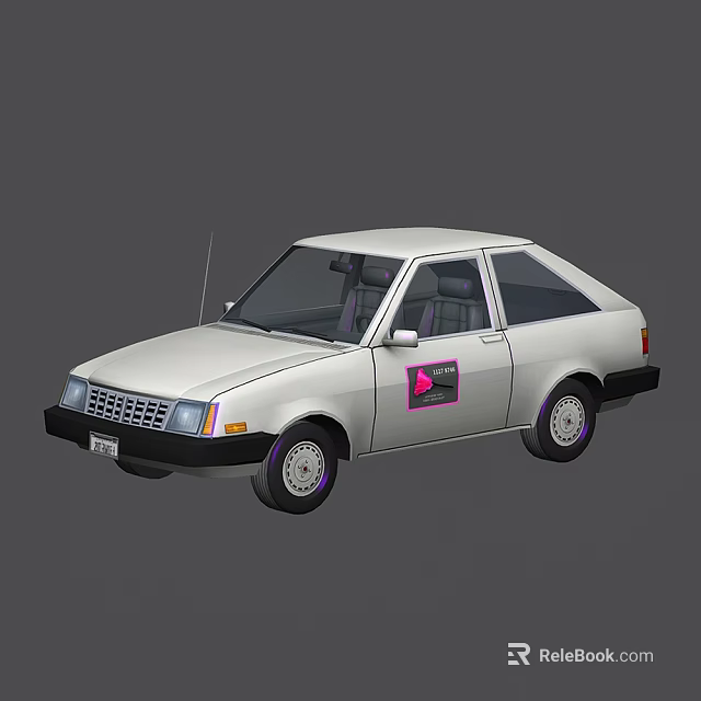 Vintage White Two Door Compact Car With Pink Logo And Purple Rims Exterior Design 3d model 