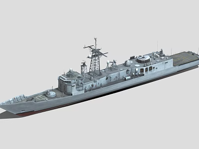 Gray Military Warship 3D Model With Deck Mast And Radar Equipment 3d model