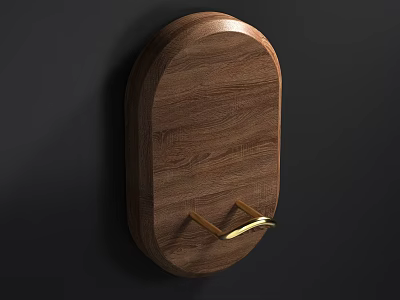 Wooden Oval Shaped Wall Hook With Natural Wood Texture And Gold Metal Hook 3d model