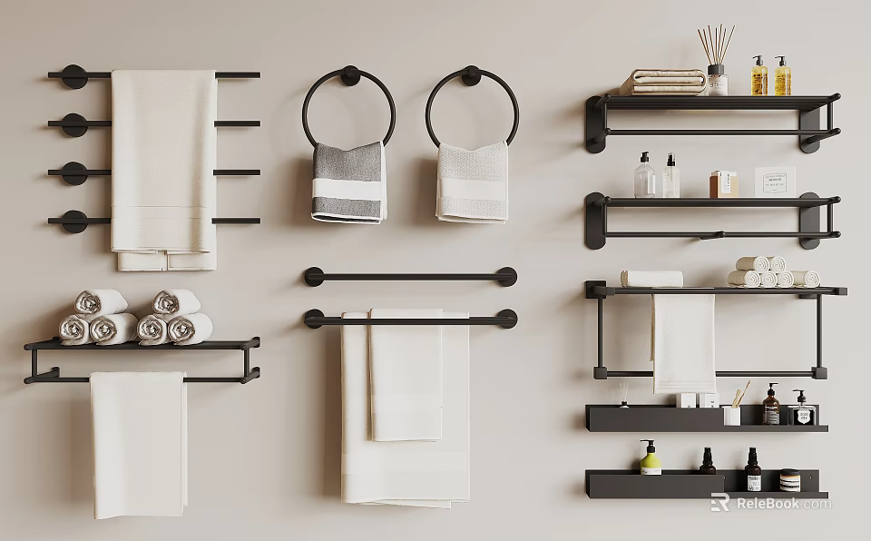 White Towels Hanging On Black Racks And Rings With Rolled Towels And Bathroom Accessories 3d model 