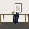 Minimalist Wooden Dining Table With Green Fruits Dark Blue Cloth And Framed Painting On Wall