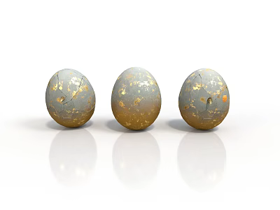 Three Decorative Egg Shaped Sculptures with Gold Specks and Blue Gray Texture 3d model