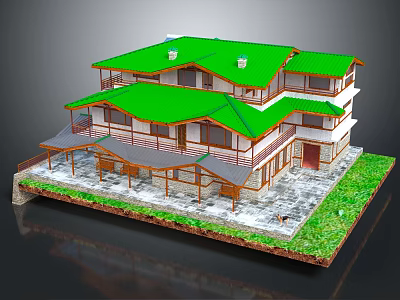 Cartoon Style House With Green Roof Multiple Floors Balcony And Grass Area 3d model