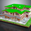 Cartoon Style House With Green Roof Multiple Floors Balcony And Grass Area