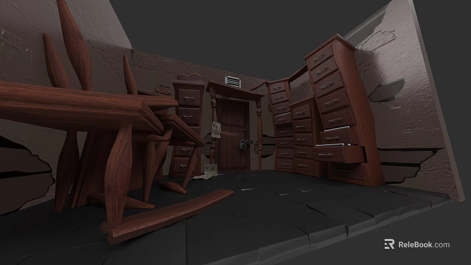 Rustic Interior Featuring Wooden Rocking Chair Dressers Door And Stone Floor 3d model 