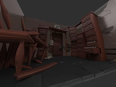 Rustic Interior Featuring Wooden Rocking Chair Dressers Door And Stone Floor 3d model