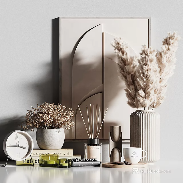 Modern Minimalist Decorative Ornament Set With Dried Pampas Grass Vase Diffuser Clock And Books 3d model 