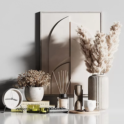 Modern Minimalist Decorative Ornament Set With Dried Pampas Grass Vase Diffuser Clock And Books 3d model