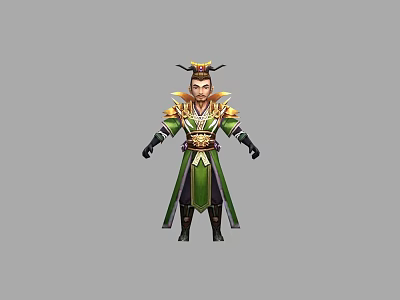 Ancient Style Game Movie Character In Green Robe With Golden Decorations And Ornate Headpiece 3d model