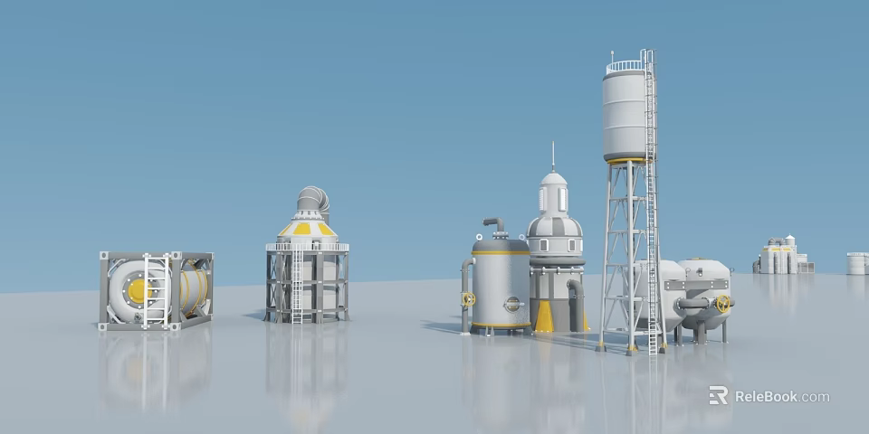 3D Render of Industrial Equipment Featuring Swing Door Silos Tanks and Blue Sky 3d model 