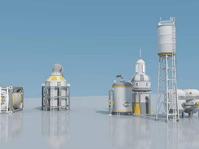 3D Render of Industrial Equipment Featuring Swing Door Silos Tanks and Blue Sky 3d model