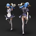 Game Movie Character Blue Hair Horns Maid Outfit Holding Tray White Stockings Front Back Views