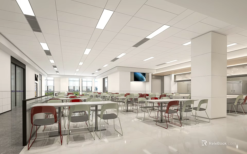 Modern Restaurant Interior Design With Tables Chairs Lighting White Ceiling And Open Space 3d model