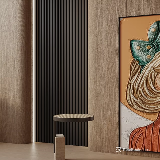 Modern Side Table with Black Vertical Slats and Green Bow Decorative Artwork 3d model