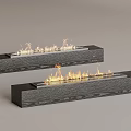 Two Black Wooden Long Rectangular Modern Minimalist Fireplaces With Flames And Wood Grain Surface