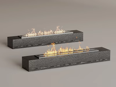 Two Black Wooden Long Rectangular Modern Minimalist Fireplaces With Flames And Wood Grain Surface 3d model