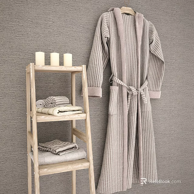 Striped Bath Robe Hanging on Gray Wall with Wooden Ladder Shelf Folded Towels and Candles 3d model 