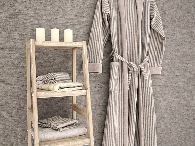 Striped Bath Robe Hanging on Gray Wall with Wooden Ladder Shelf Folded Towels and Candles 3d model