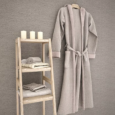 Striped Bath Robe Hanging on Gray Wall with Wooden Ladder Shelf Folded Towels and Candles 3d model