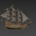 Historical Sailing Ship With Multiple Sails Wooden Structure And Lit Lanterns 3d model