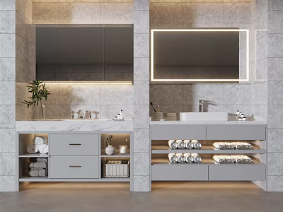 Modern Bathroom Vanity With Gray Stone Wall Mirrors LED Lighting And Storage Cabinets 3d model