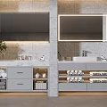 Modern Bathroom Vanity With Gray Stone Wall Mirrors LED Lighting And Storage Cabinets