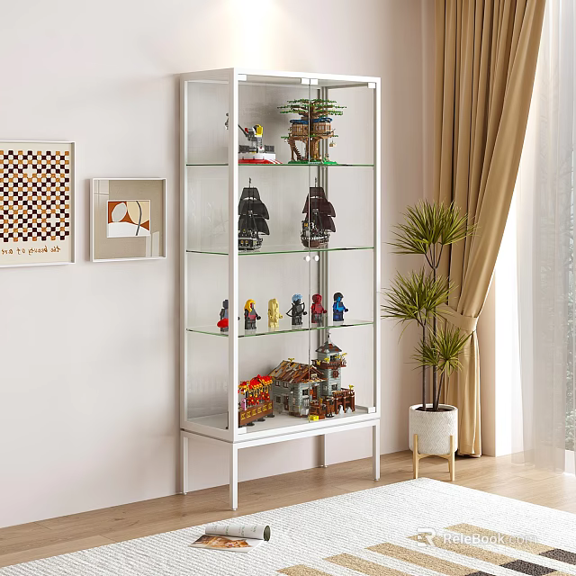 Modern White Console Cabinet With Glass Doors Displaying Figurines And Potted Plant Near Wall Art 3d model 