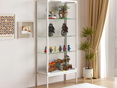 Modern White Console Cabinet With Glass Doors Displaying Figurines And Potted Plant Near Wall Art 3d model
