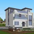 Modern Detached Villa With White Exterior Black Window Frames Balconies Terrace Lawn And Outdoor Furniture