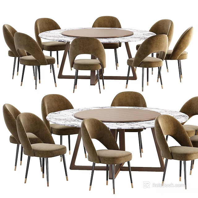 Round Dining Table with Marble Pattern Top and Brown Upholstered Chairs Set 3d model